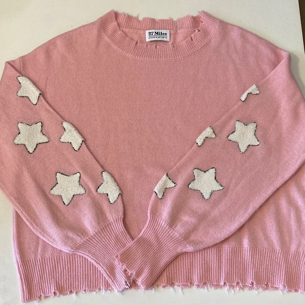 27 Miles Malibu Luella Pink Sweater with White Stars Medium Cashmere Sweater - Picture 3 of 7
